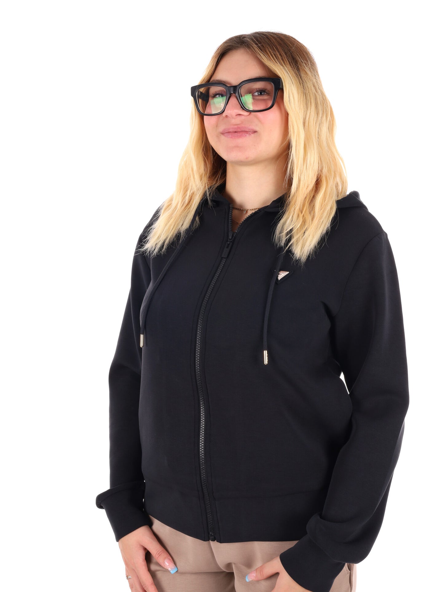 FELPA OLYMPE FULL ZIP E CAPPUCCIO GUESS DA DONNA NERO