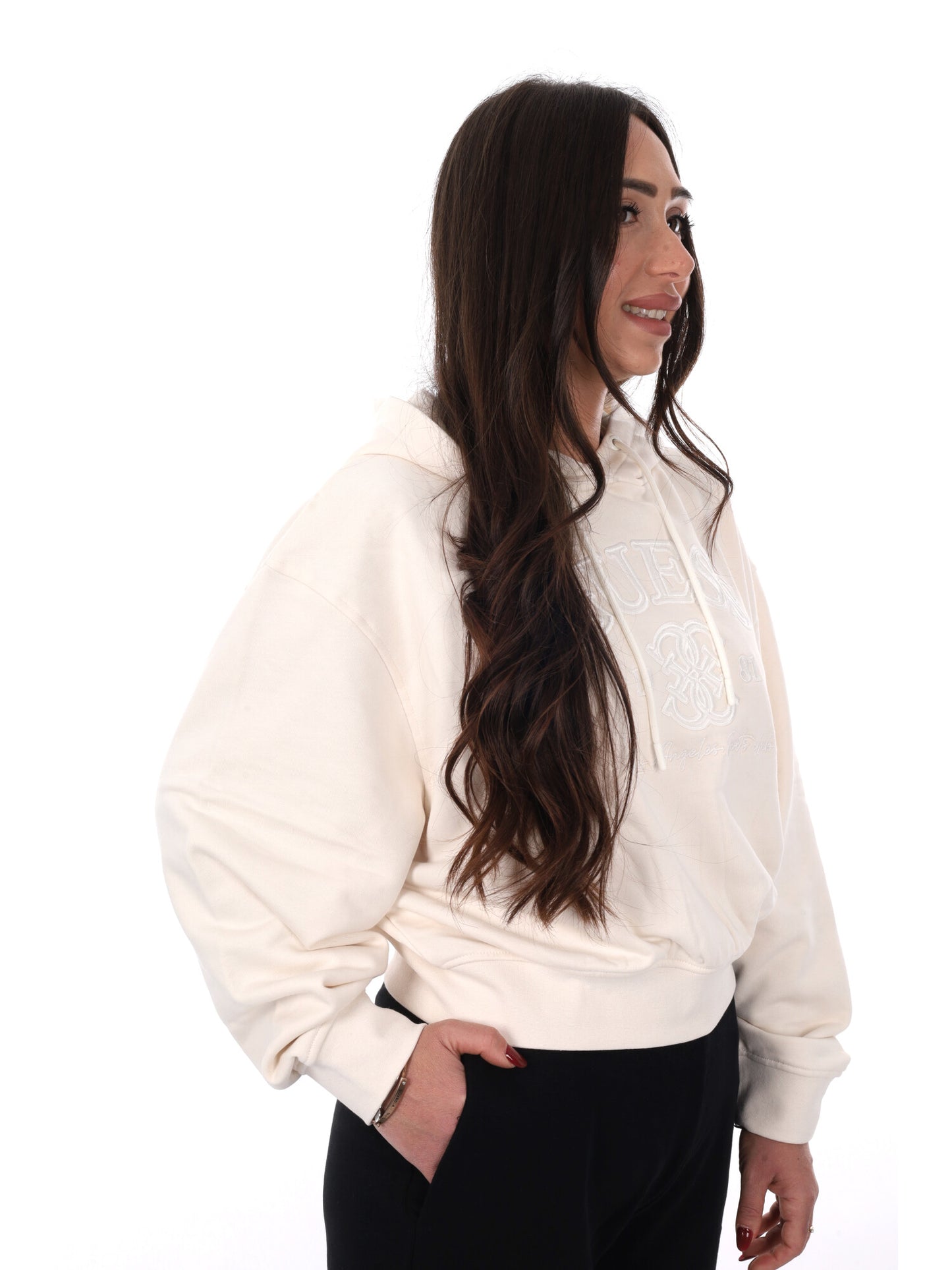 Felpa donna Guess Yayoi in colore crema con cappuccio