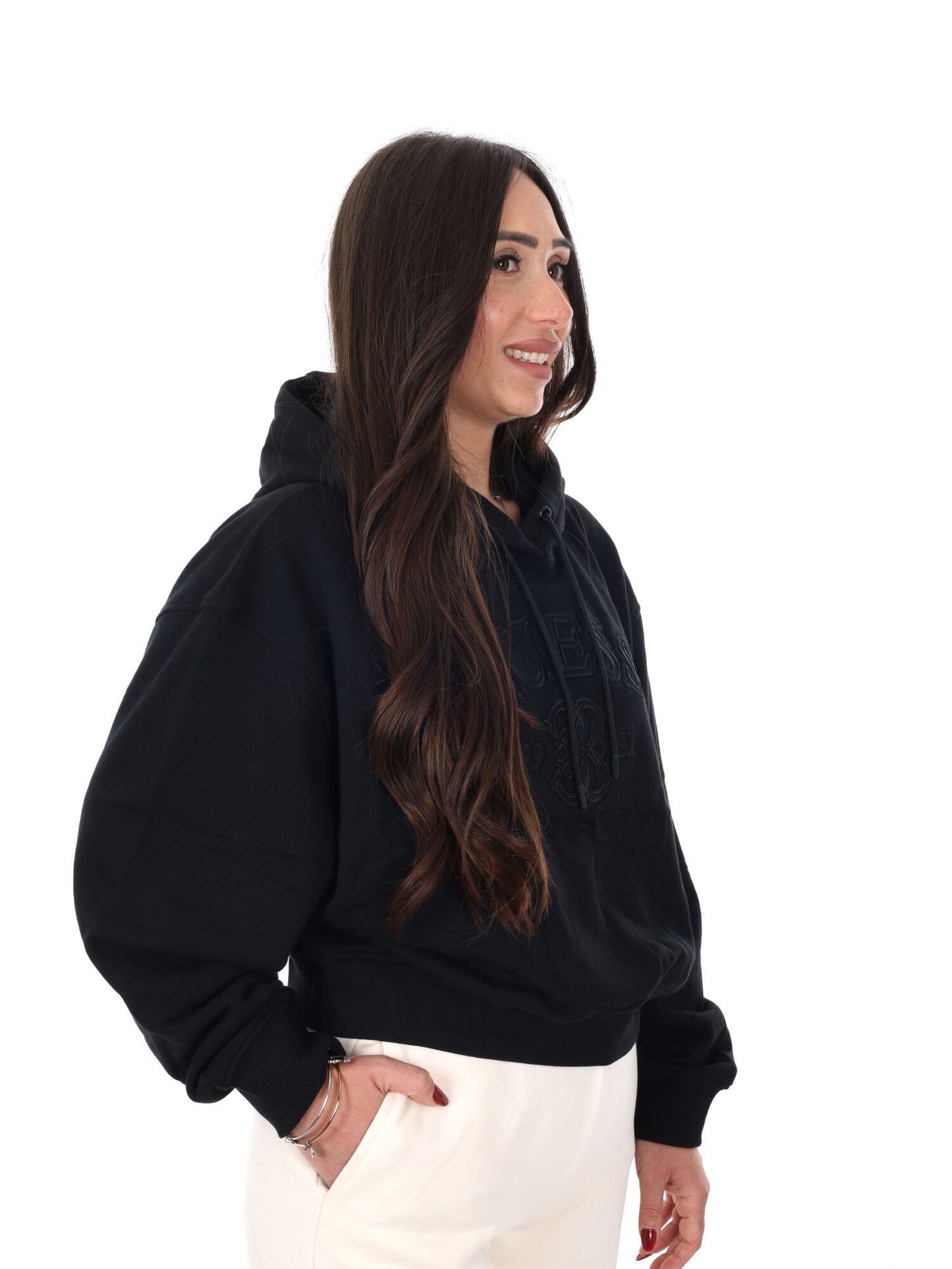 Guess Yayoi Hoodie, felpa nera con cappuccio da donna