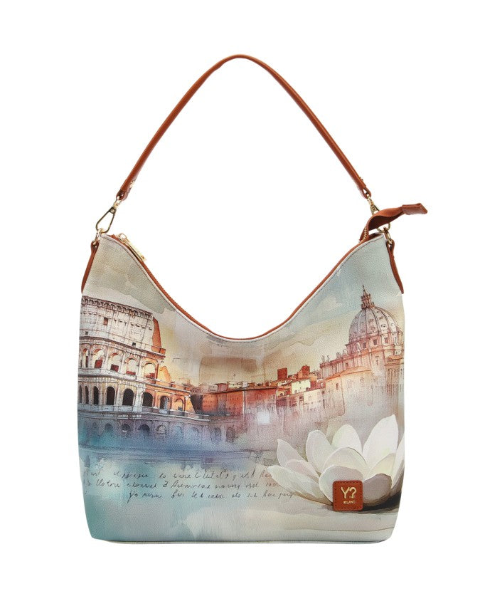Y Not? Hobo Bag in ecopelle marrone con stampa città da donna