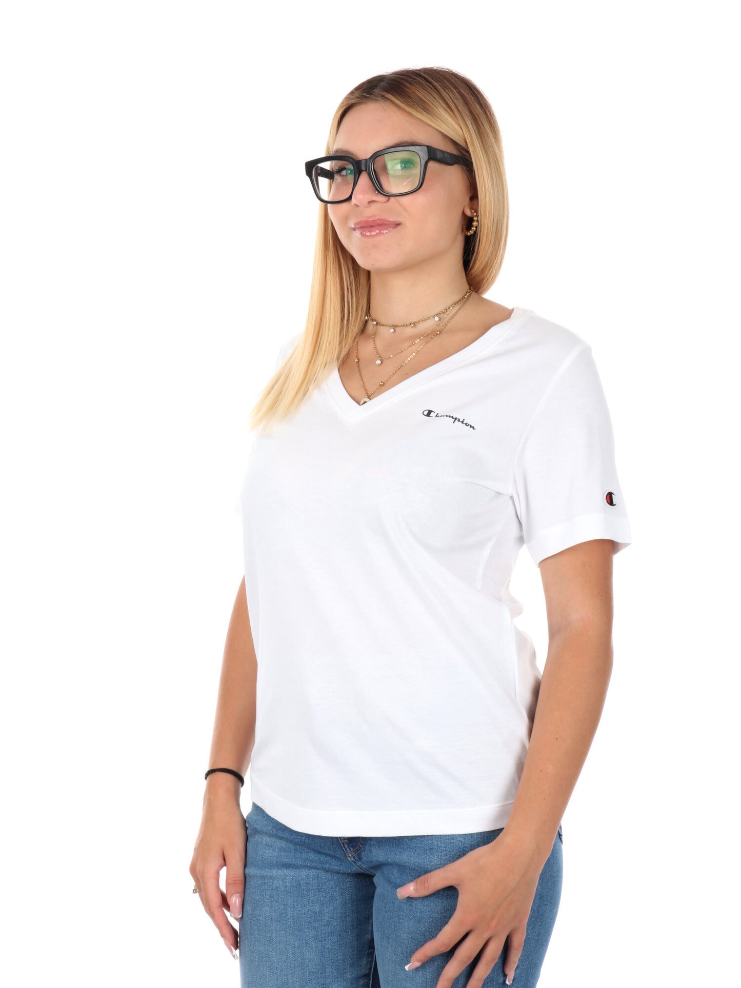 T-SHIRT COLLO A V CHAMPION DA DONNA BIANCO