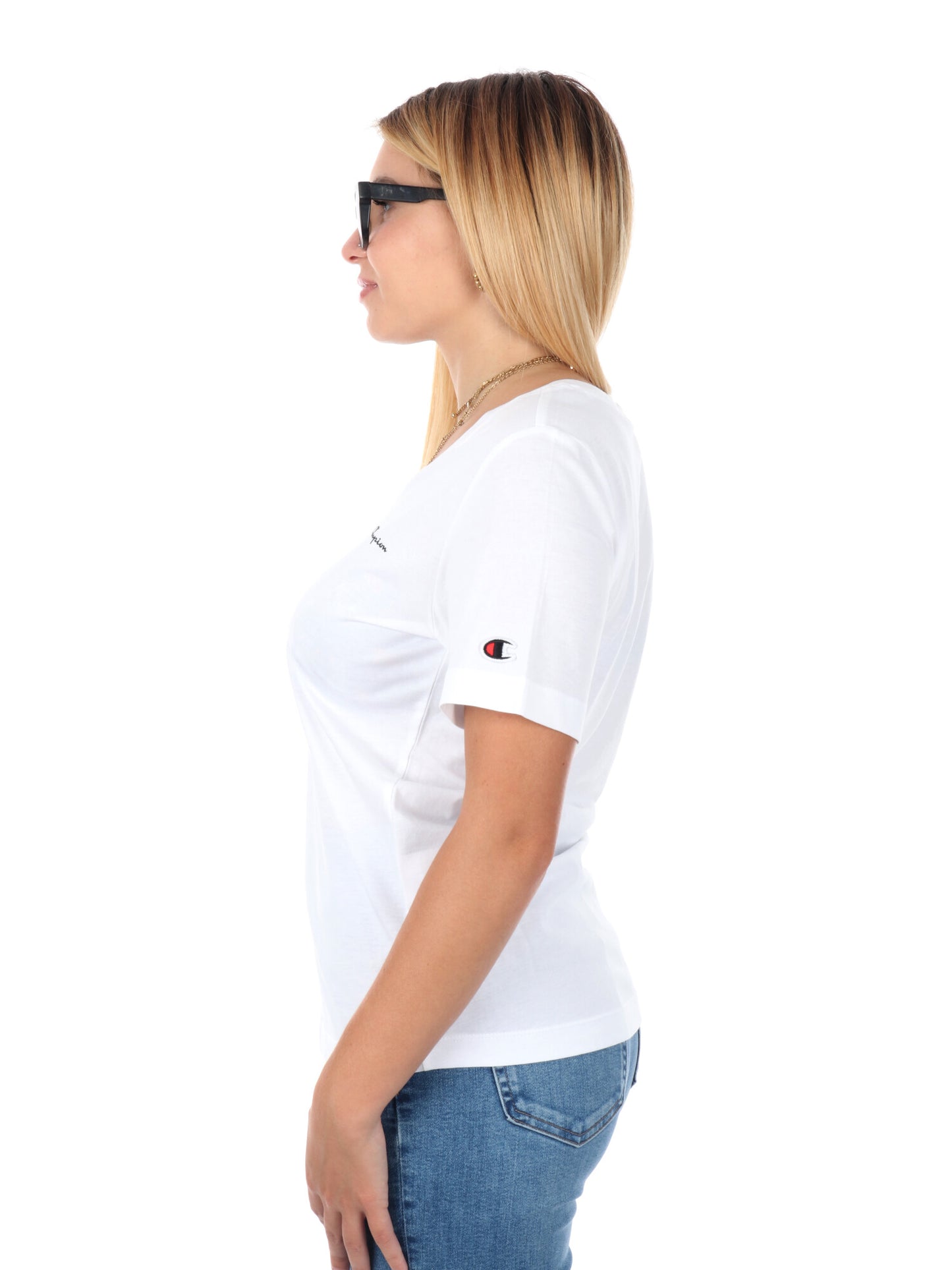 T-SHIRT COLLO A V CHAMPION DA DONNA BIANCO