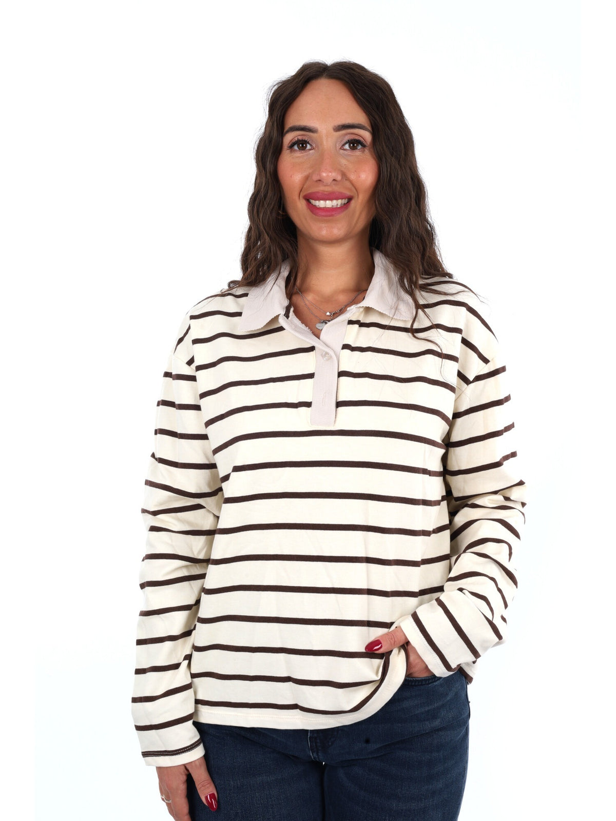Miss love polo righe da donna panna
