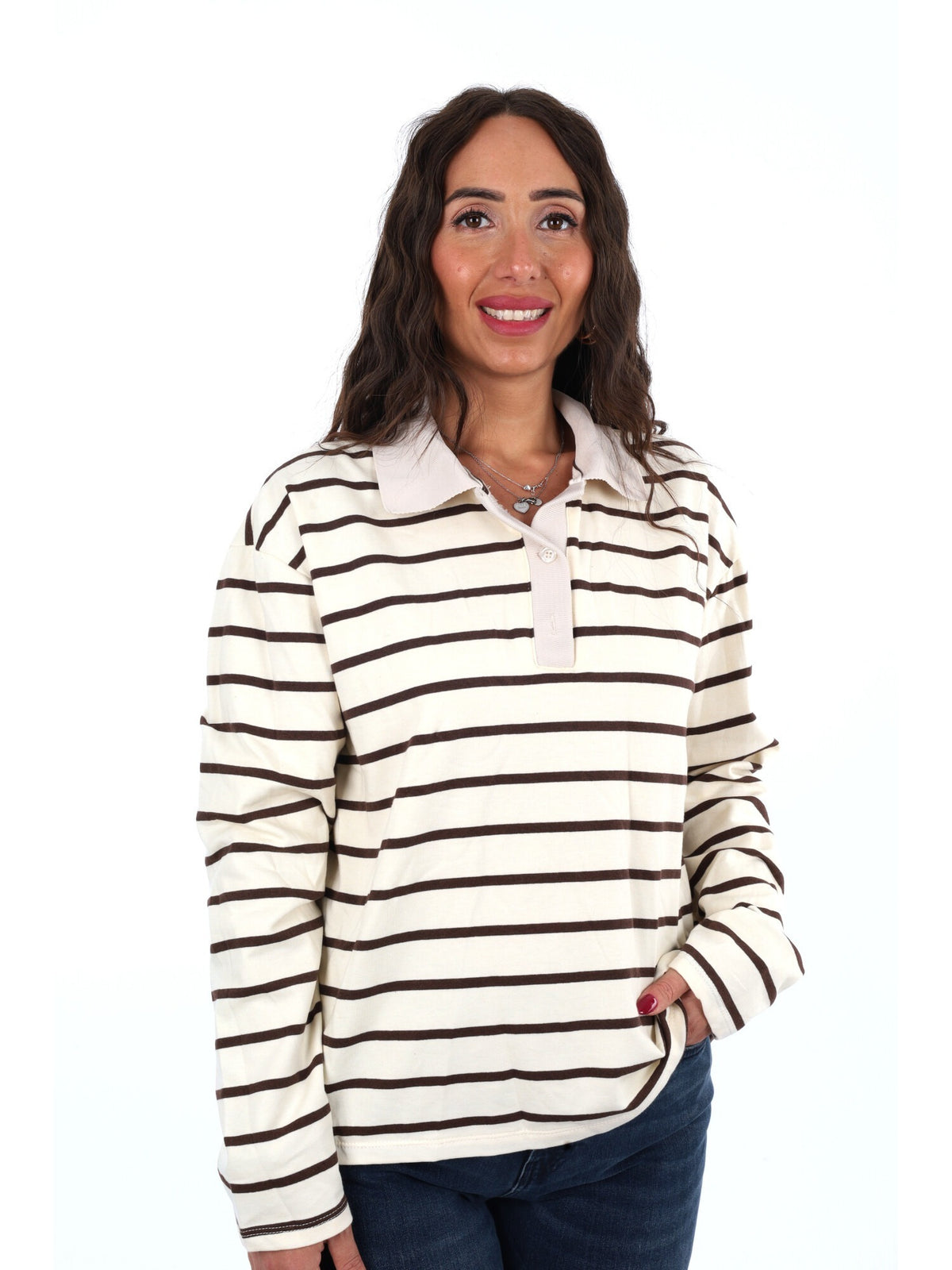 Miss love polo righe da donna panna