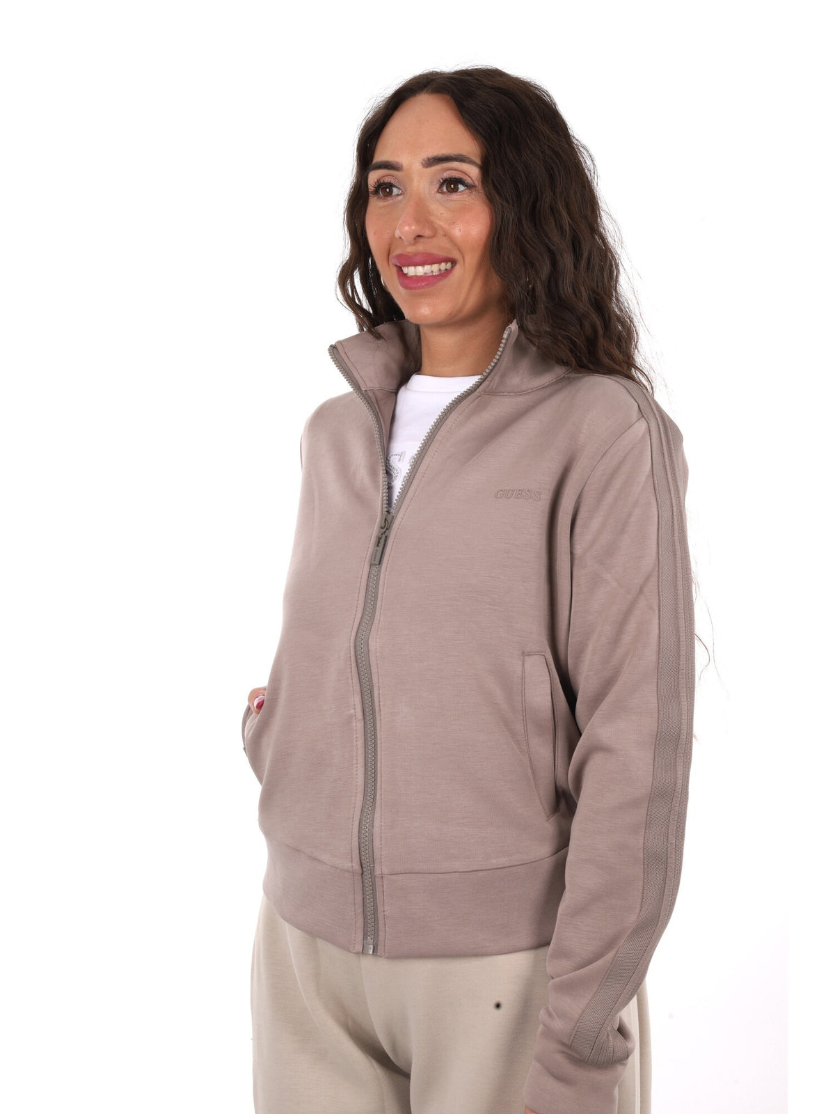 Guess lyra full zip felpa da donna taupe