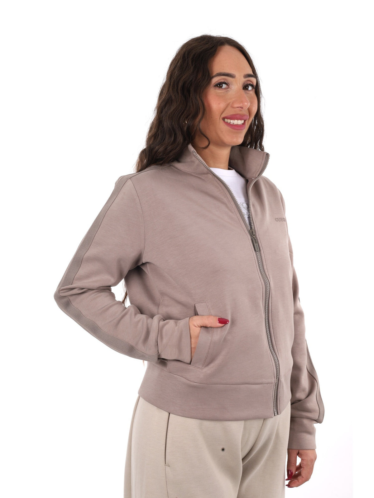 Guess lyra full zip felpa da donna taupe