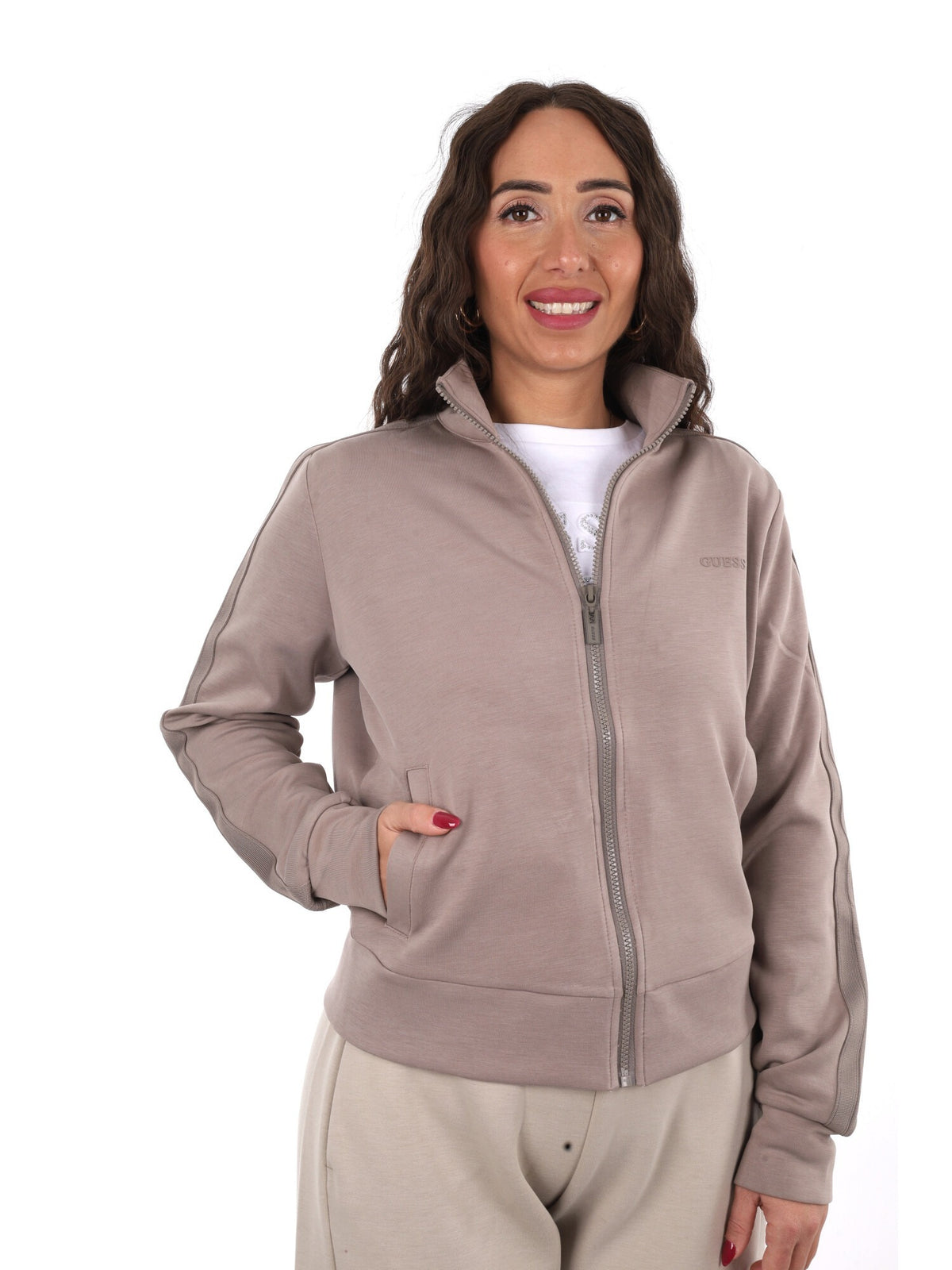 Guess lyra full zip felpa da donna taupe