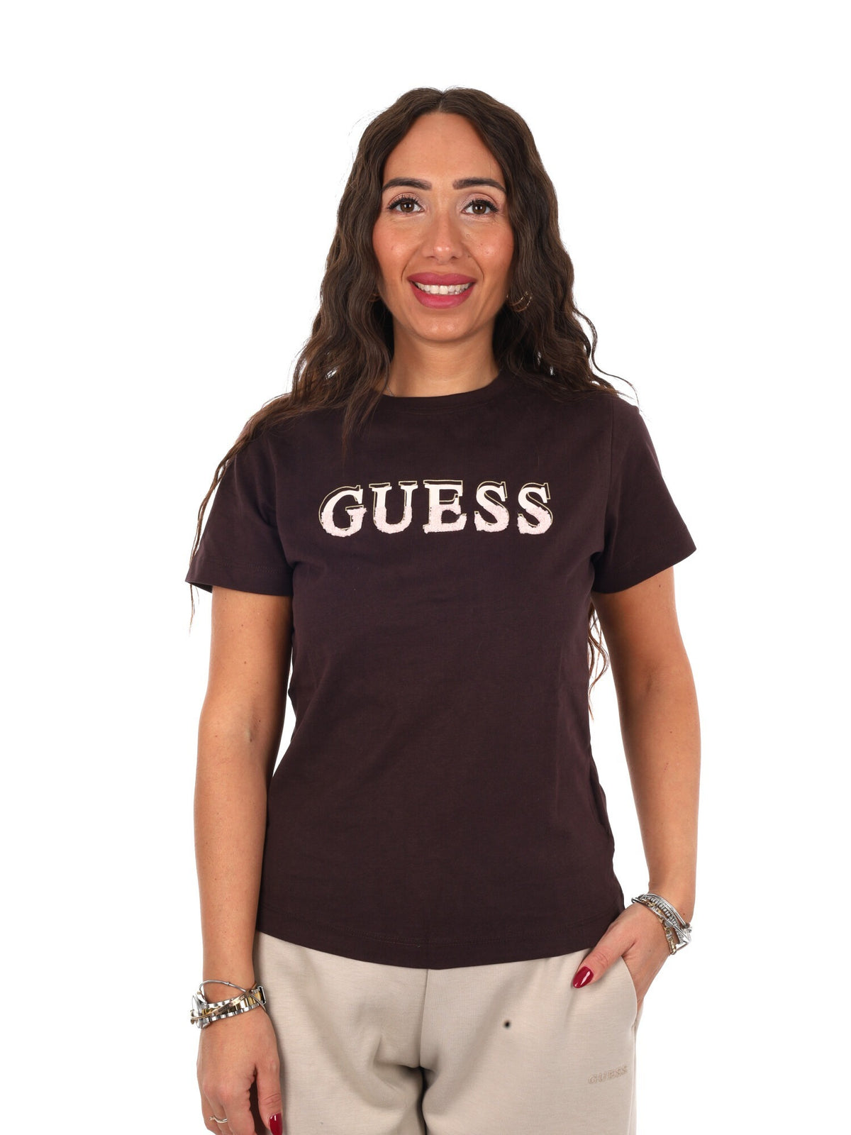 Guess fausta cn t-shirt da donna caffe'