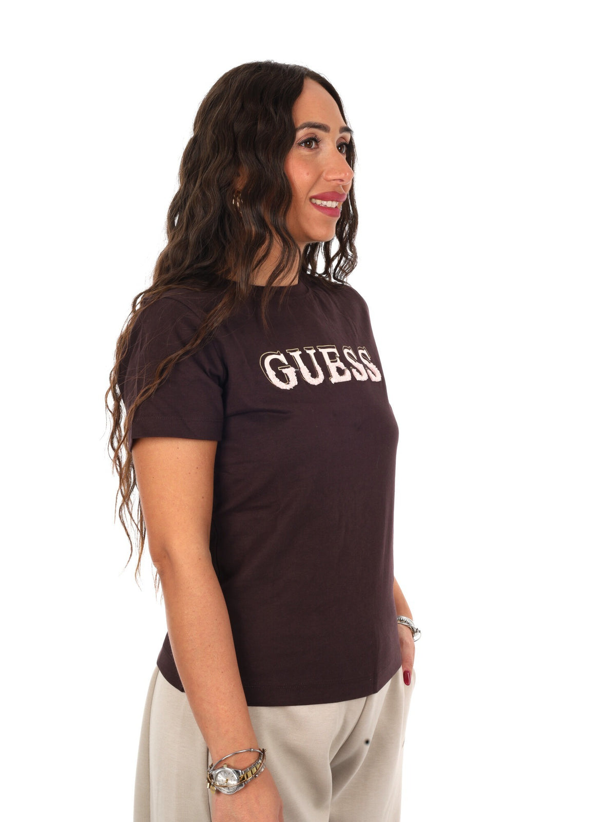 Guess fausta cn t-shirt da donna caffe'