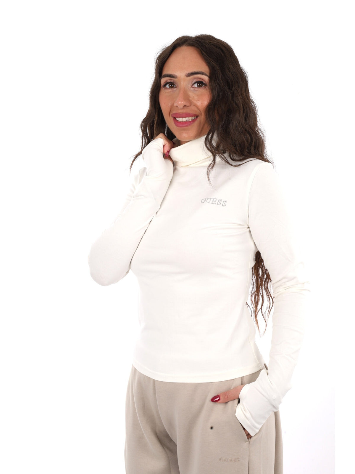 Guess greta high nec t-shirt da donna crema