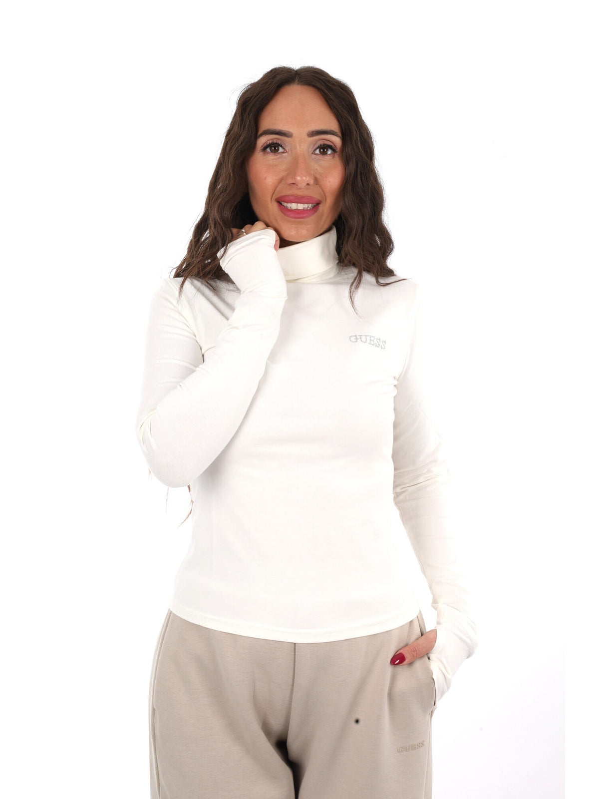 Guess greta high nec t-shirt da donna crema