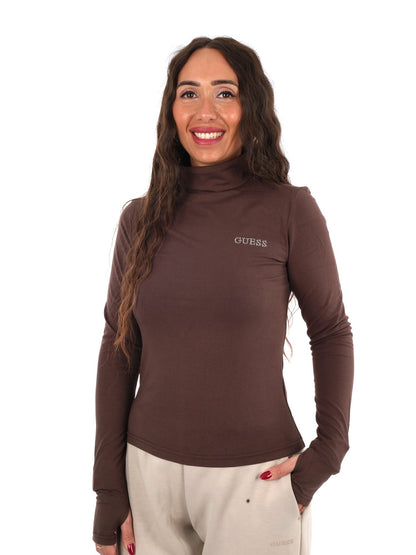 Guess greta high nec t-shirt da donna caffe'