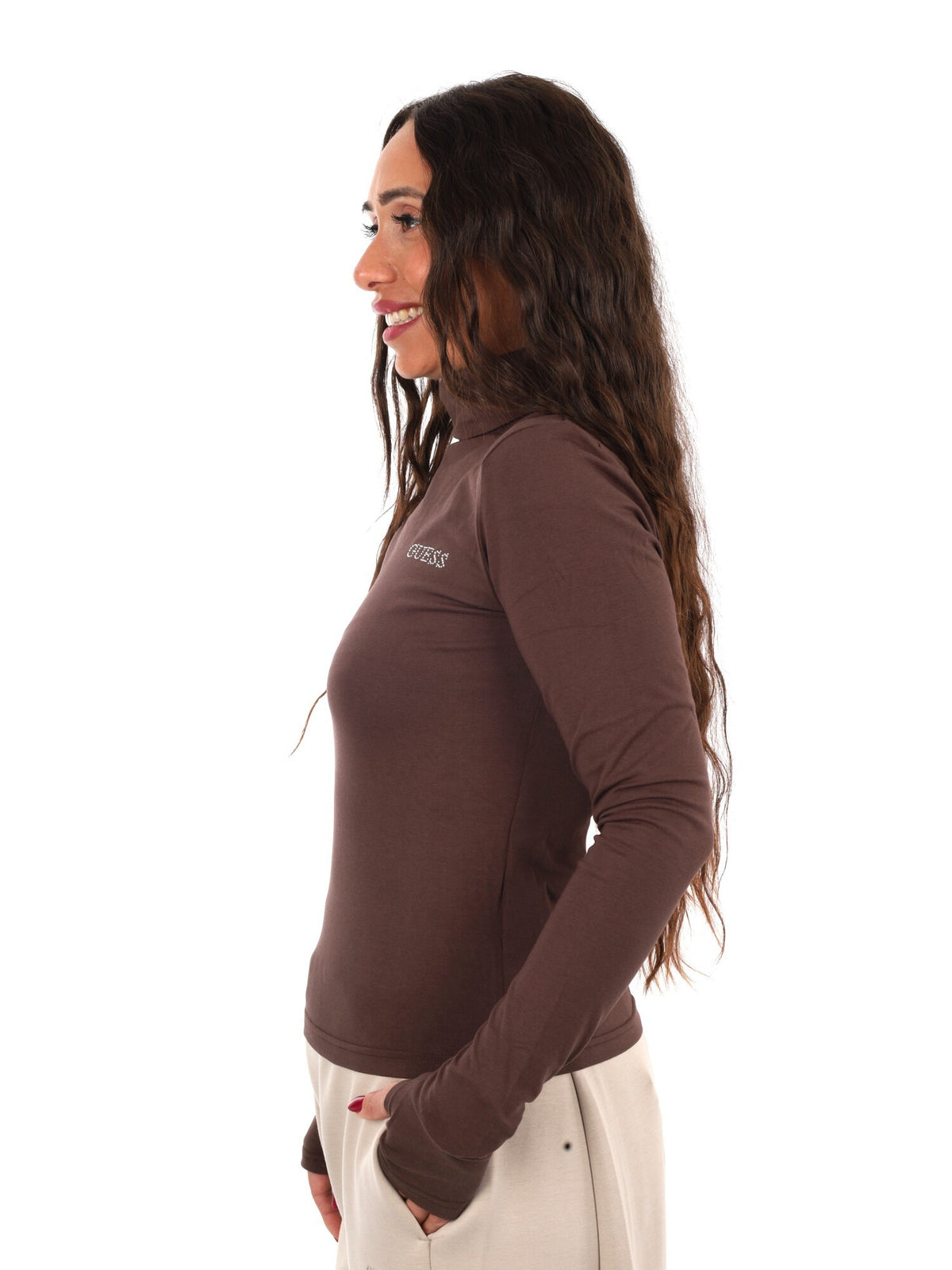 Guess greta high nec t-shirt da donna caffe'