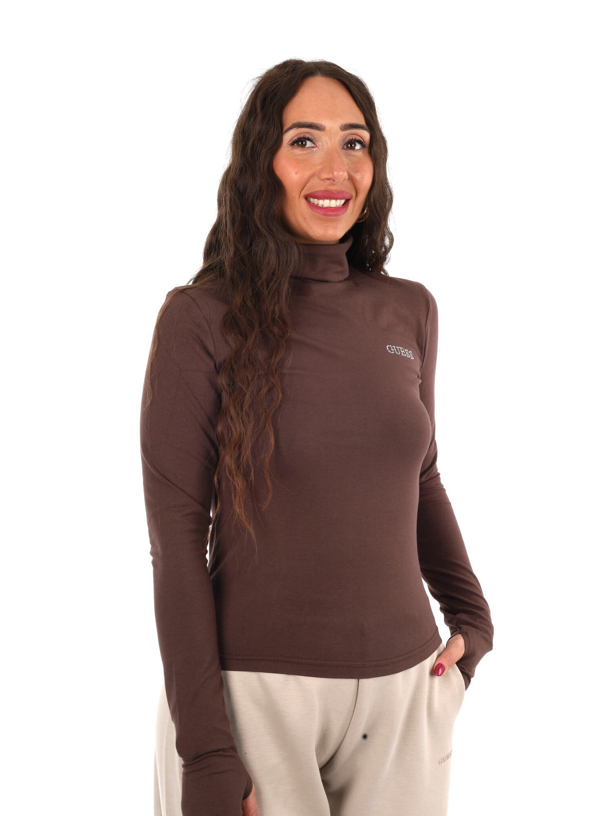 Guess greta high nec t-shirt da donna caffe'