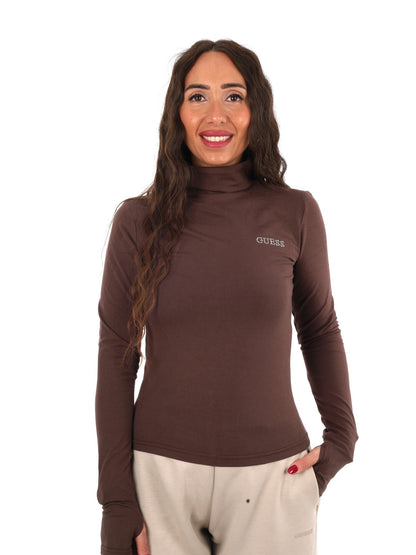Guess greta high nec t-shirt da donna caffe'