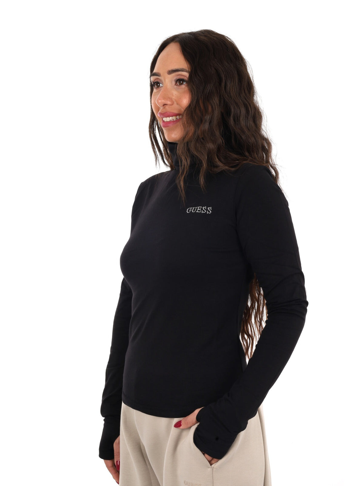 Guess greta high nec t-shirt da donna nero
