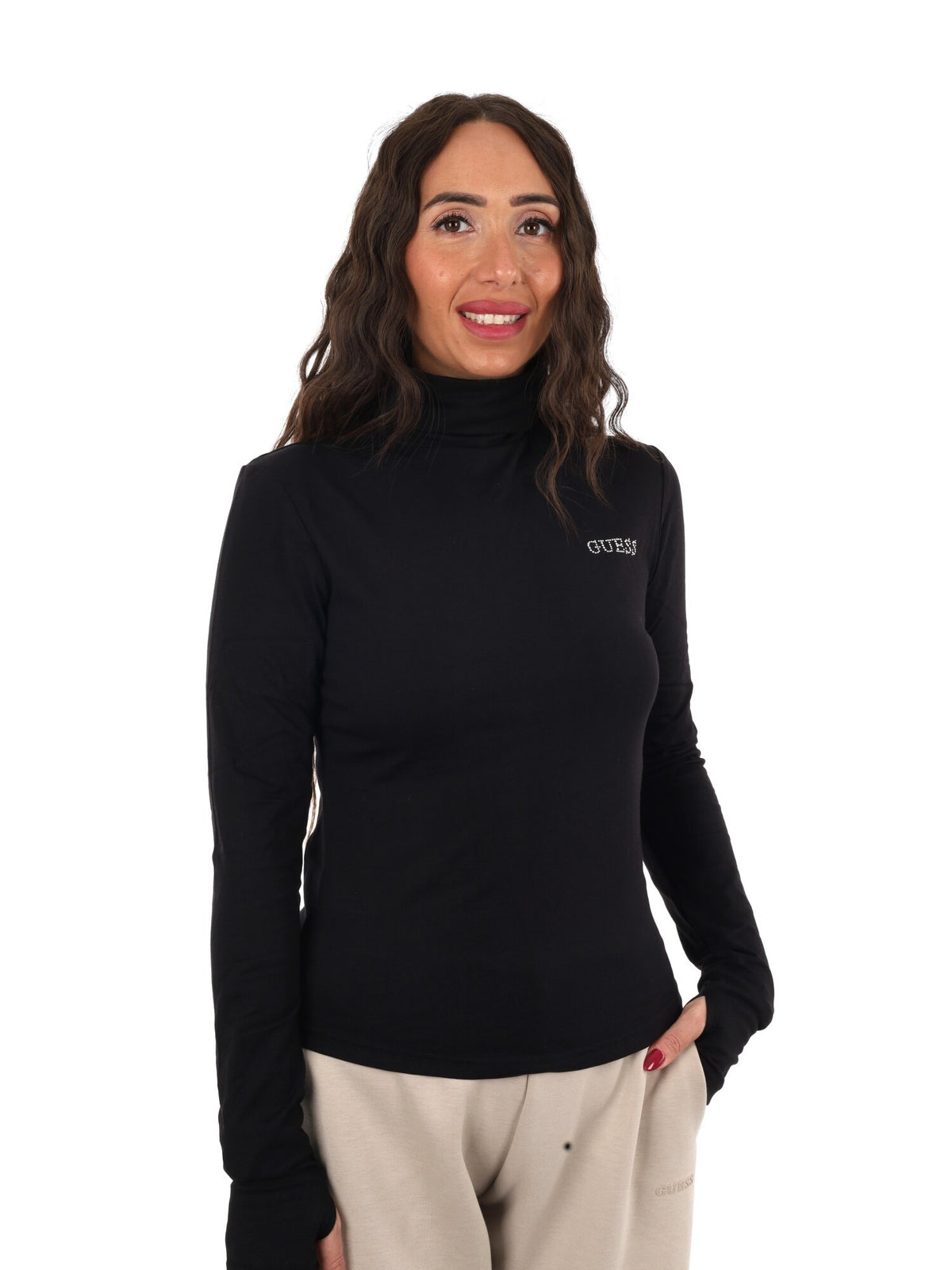 Guess greta high nec t-shirt da donna nero