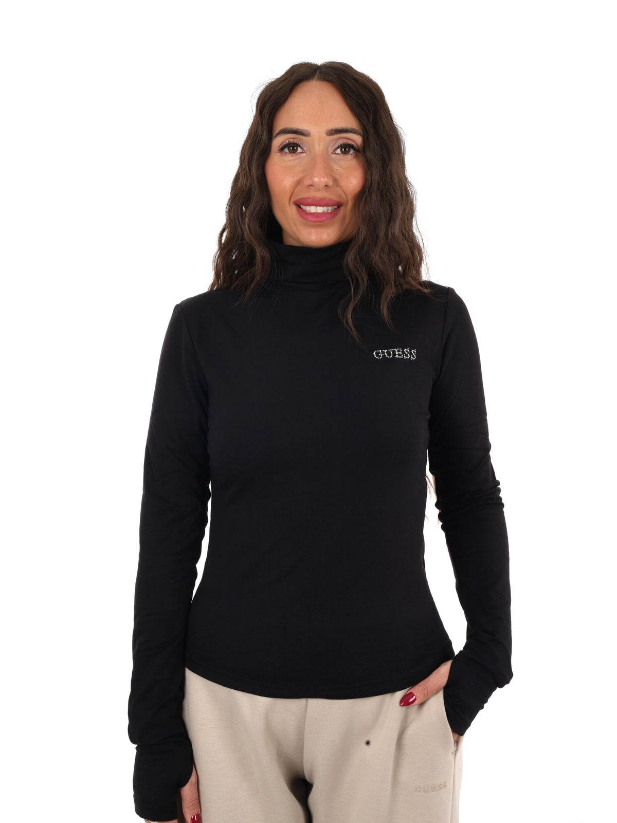 Guess greta high nec t-shirt da donna nero