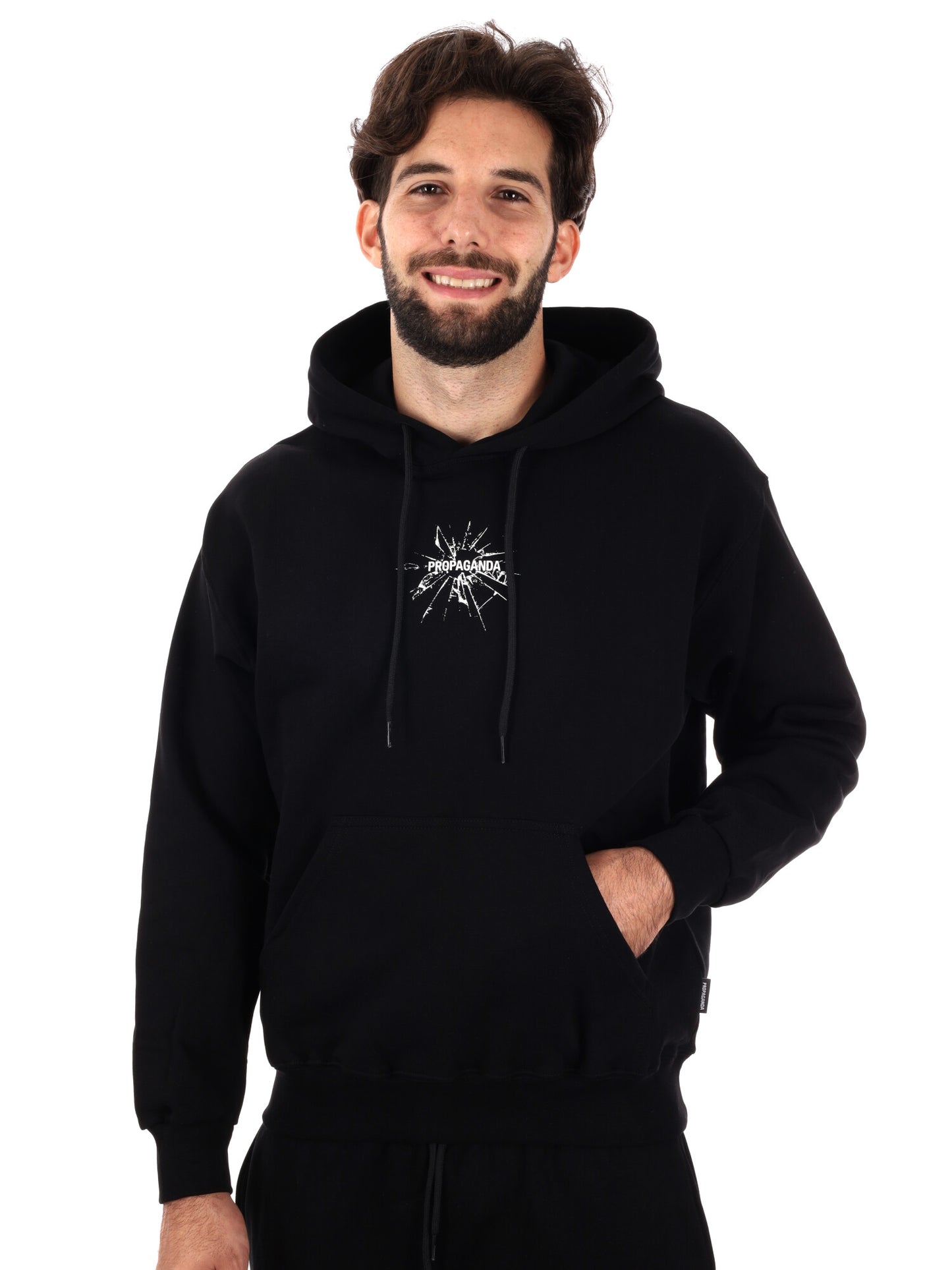 FELPA CON STAMPA E CAPPUCCIO PROPAGANDA DA UOMO NERO BIANCO