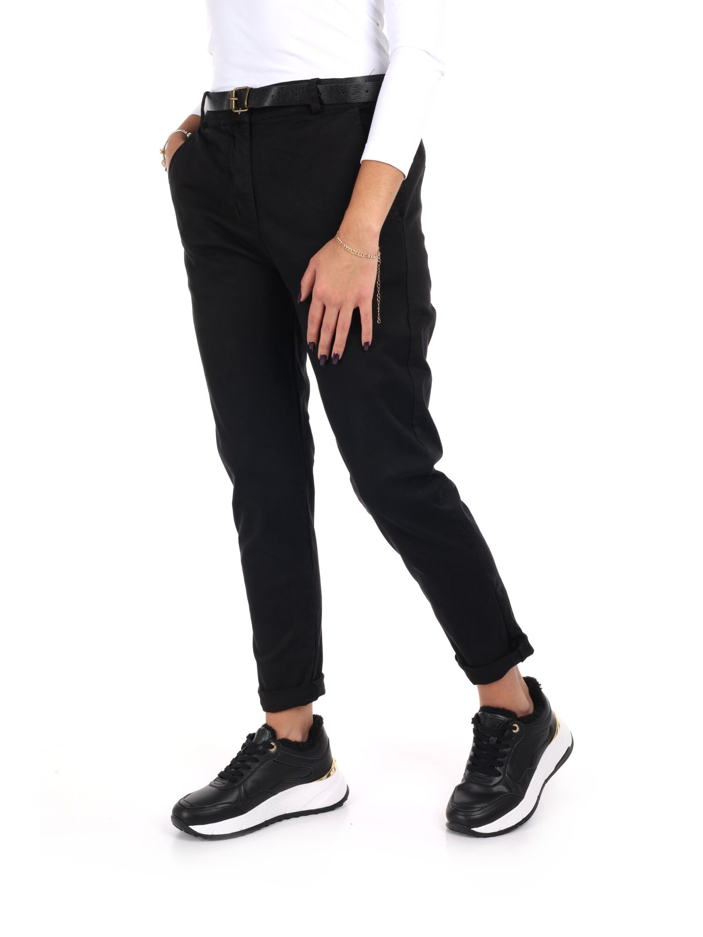 PANTALONE CASUAL CON CINTURA MISS LOVE DA DONNA NERO