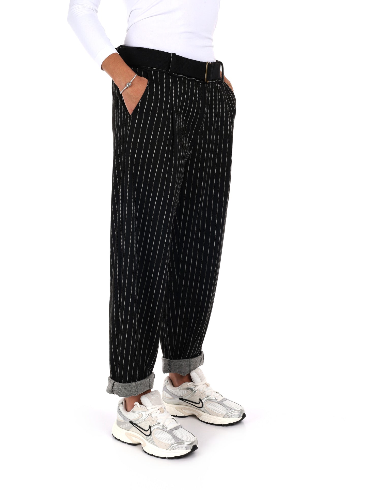 PANTALONE IN TESSUTO GESSATO MISS LOVE DA DONNA NERO