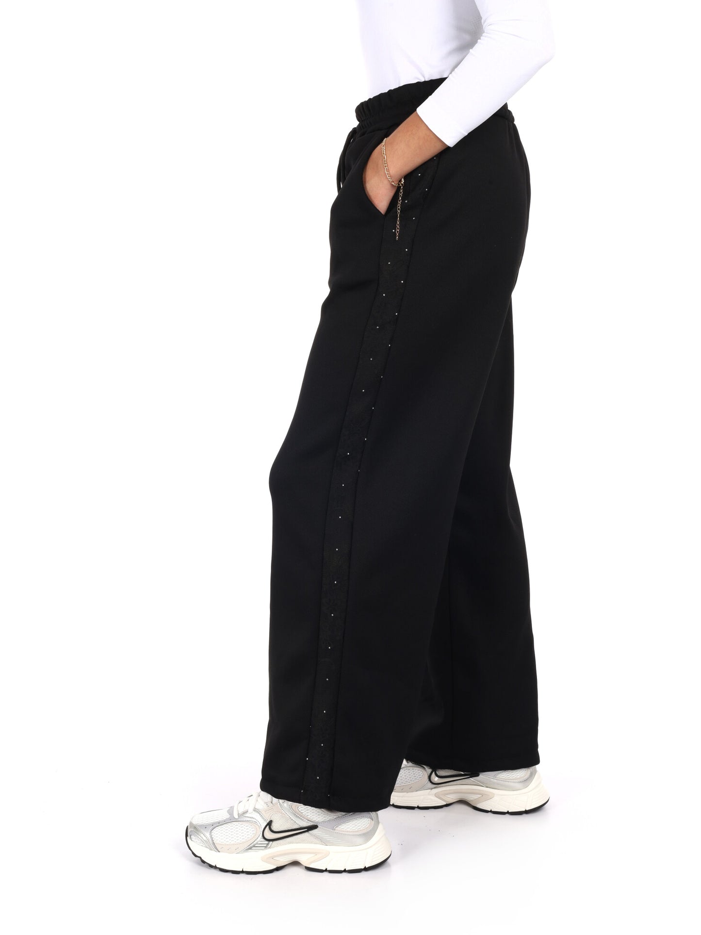 PANTALONE CON BANDA IN PIZZO E STRASS MISS LOVE DA DONNA NERO