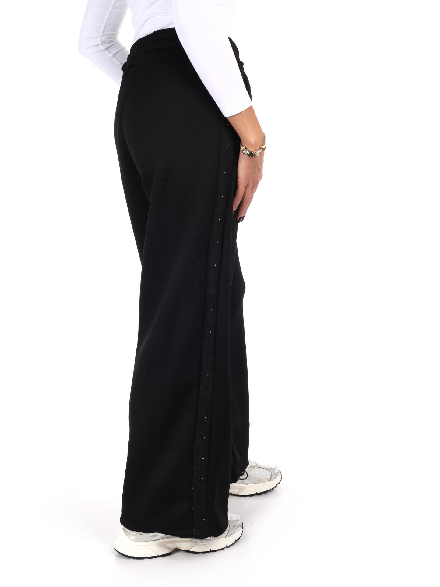 PANTALONE CON BANDA IN PIZZO E STRASS MISS LOVE DA DONNA NERO