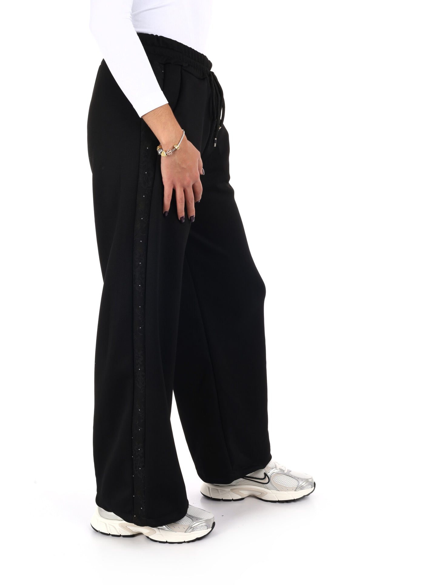 PANTALONE CON BANDA IN PIZZO E STRASS MISS LOVE DA DONNA NERO
