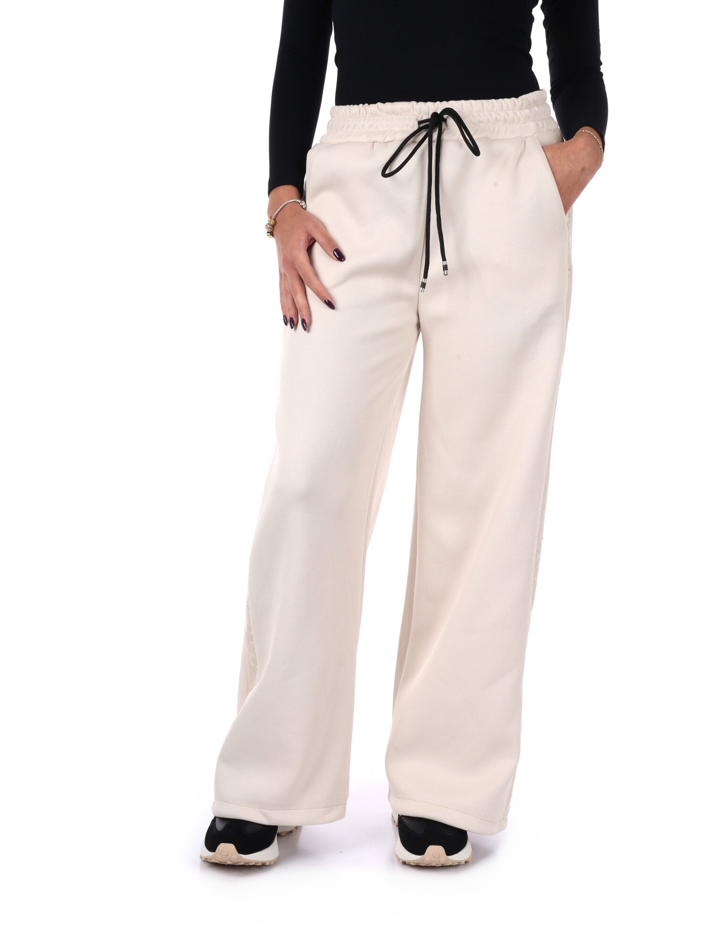 PANTALONE CON BANDA IN PIZZO E STRASS MISS LOVE DA DONNA PANNA