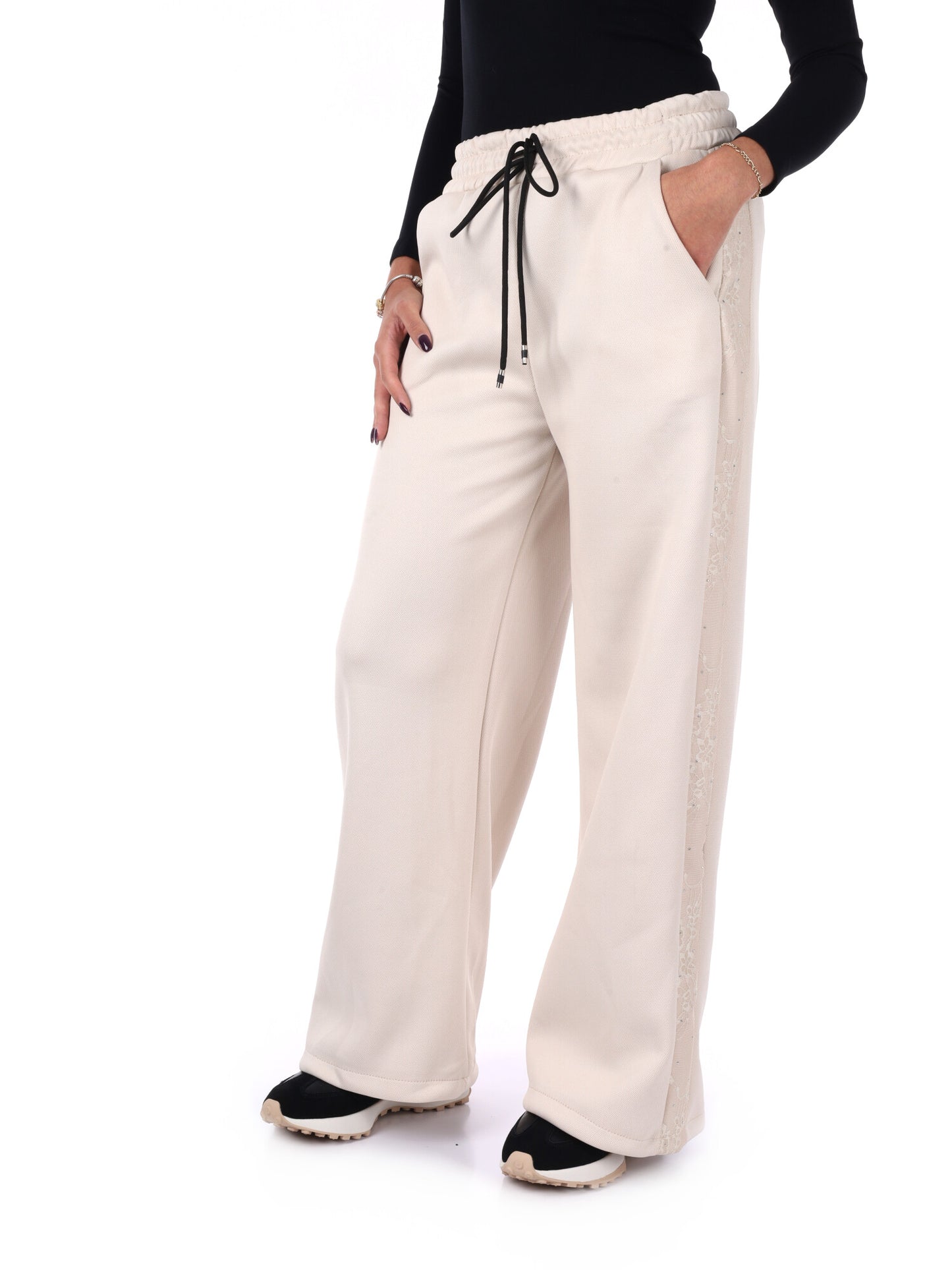 PANTALONE CON BANDA IN PIZZO E STRASS MISS LOVE DA DONNA PANNA