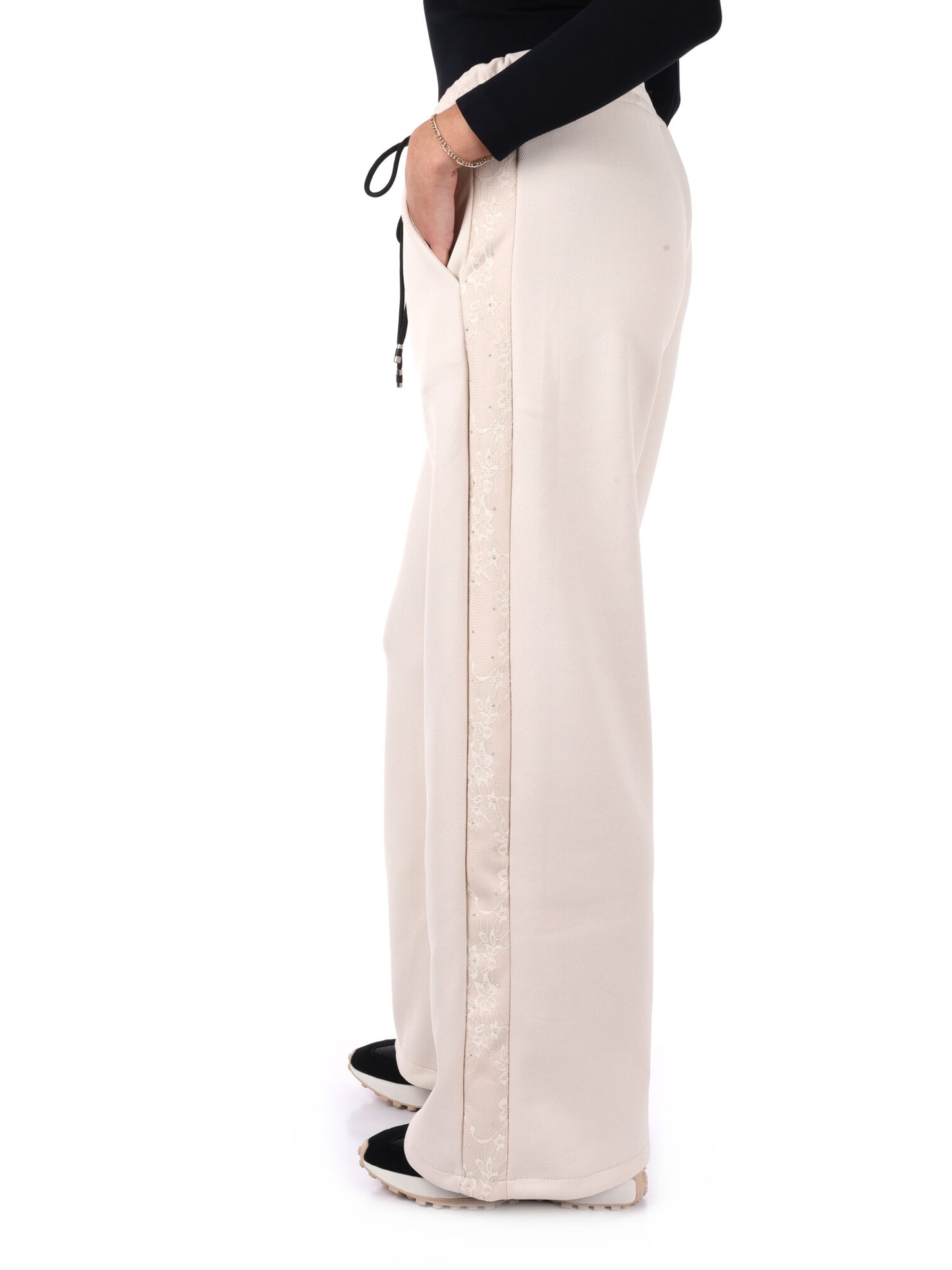 PANTALONE CON BANDA IN PIZZO E STRASS MISS LOVE DA DONNA PANNA