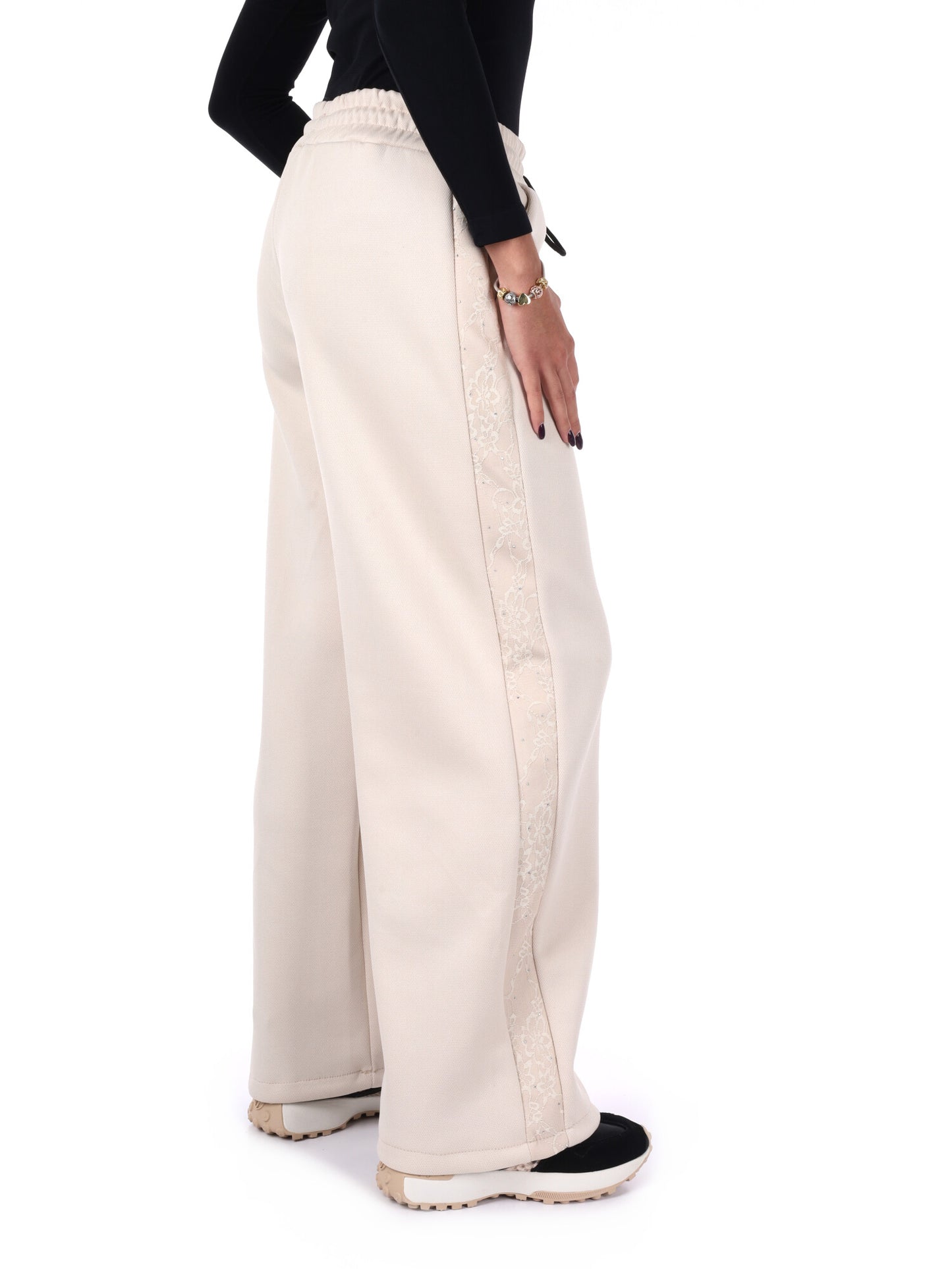 PANTALONE CON BANDA IN PIZZO E STRASS MISS LOVE DA DONNA PANNA