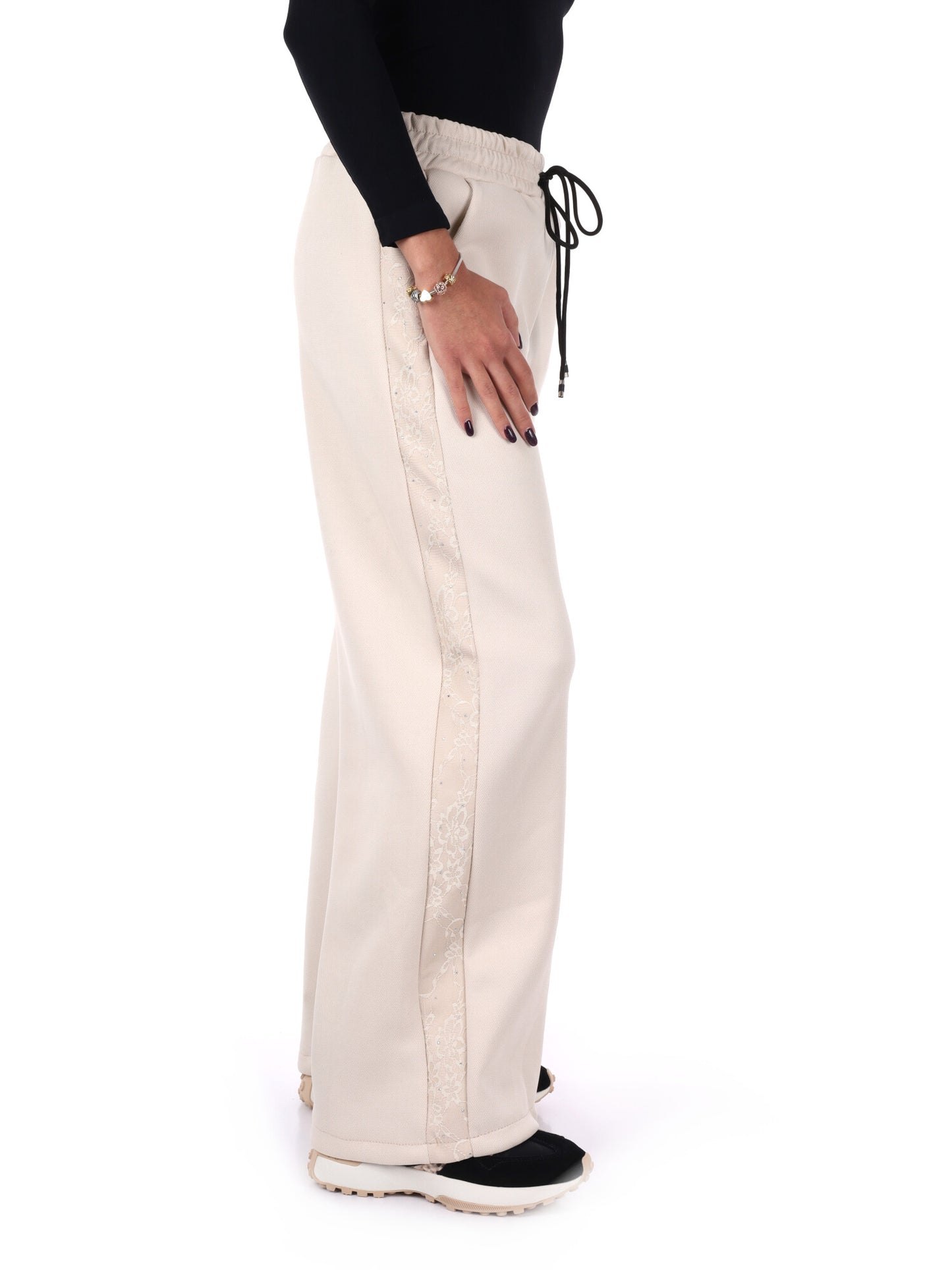 PANTALONE CON BANDA IN PIZZO E STRASS MISS LOVE DA DONNA PANNA