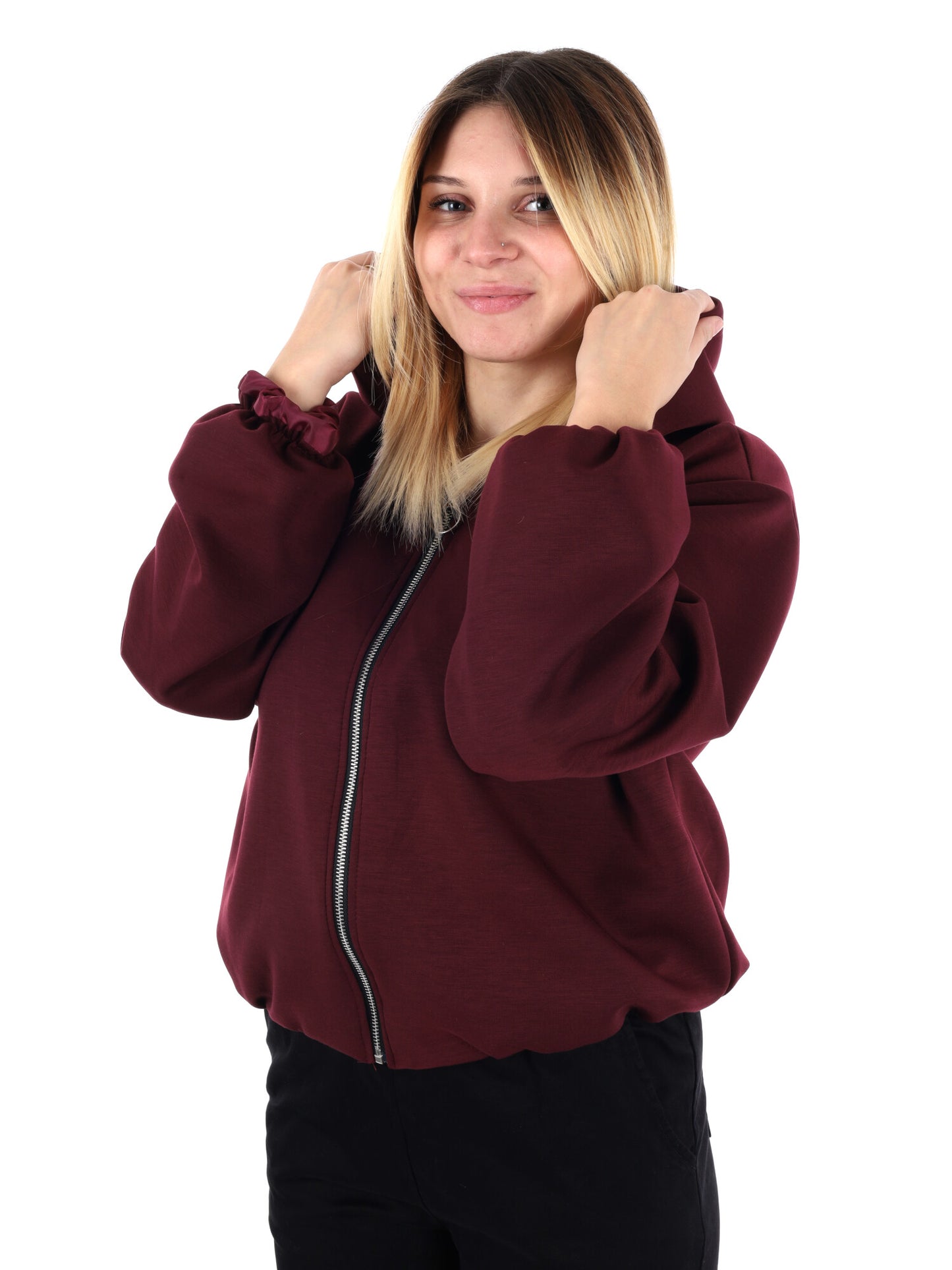 FELPA CON CAPPUCCIO E ZIP MISS LOVE DA DONNA BORDEAUX
