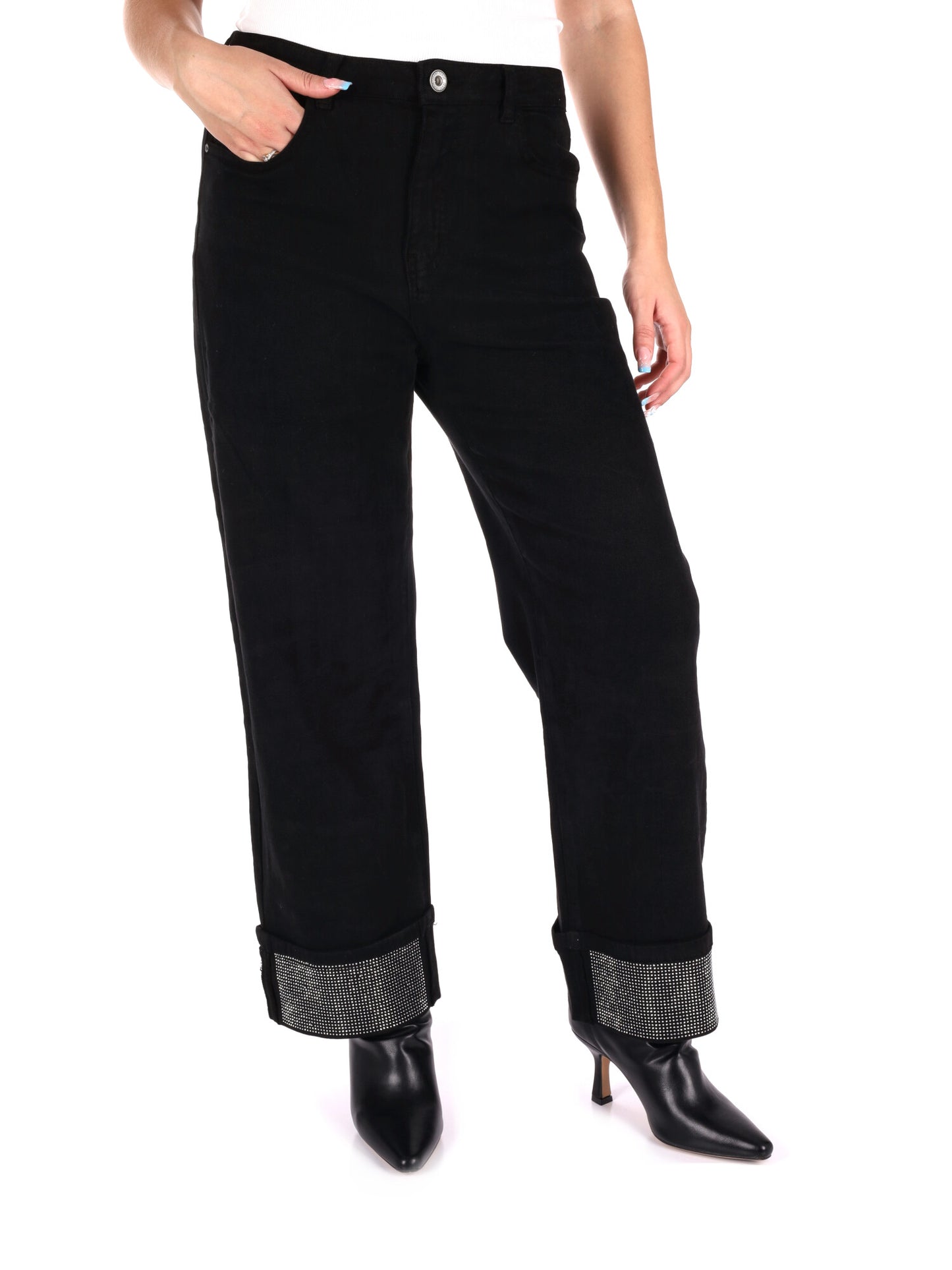 JEANS CON RISVOLTO E STRASS MISS LOVE DA DONNA DENIM NERO