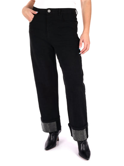 JEANS CON RISVOLTO E STRASS MISS LOVE DA DONNA DENIM NERO