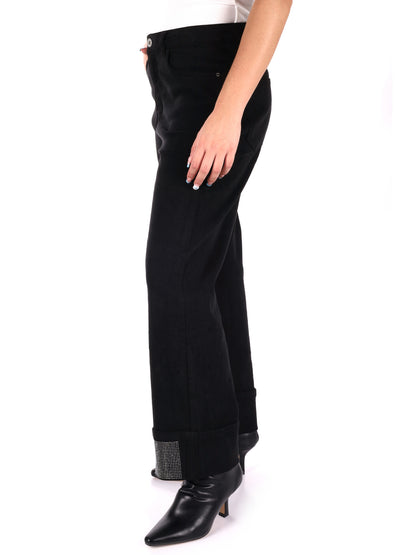 JEANS CON RISVOLTO E STRASS MISS LOVE DA DONNA DENIM NERO