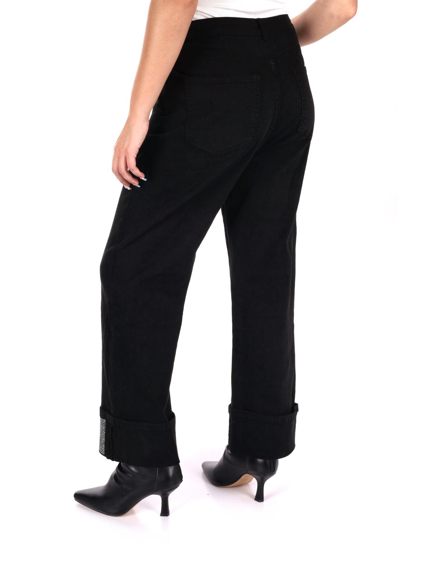 JEANS CON RISVOLTO E STRASS MISS LOVE DA DONNA DENIM NERO