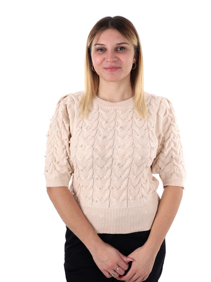 MAGLIA A MANICHE CORTE CON PERLE MISS LOVE DA DONNA CREMA