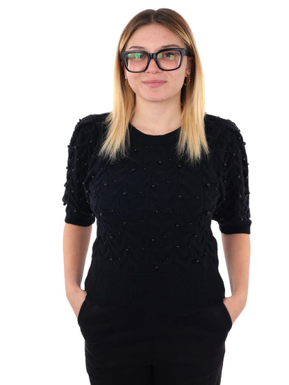 MAGLIA A MANICHE CORTE CON PERLE MISS LOVE DA DONNA NERO