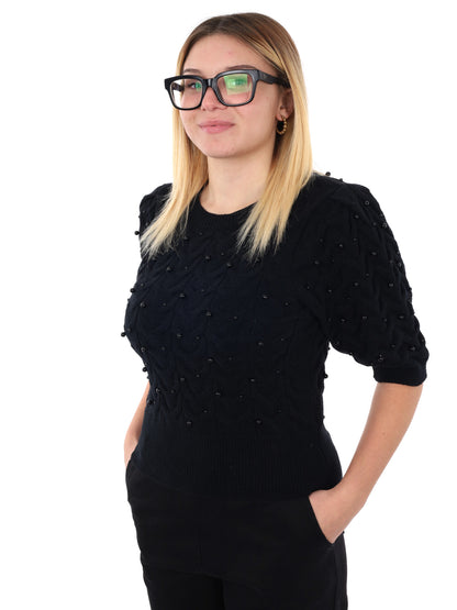 MAGLIA A MANICHE CORTE CON PERLE MISS LOVE DA DONNA NERO