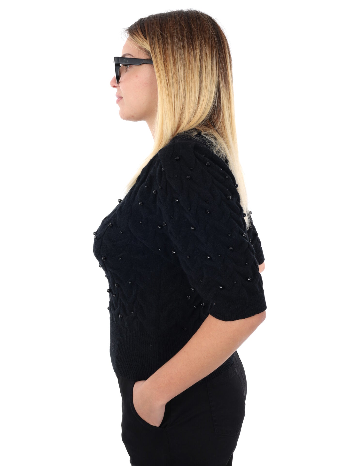 MAGLIA A MANICHE CORTE CON PERLE MISS LOVE DA DONNA NERO