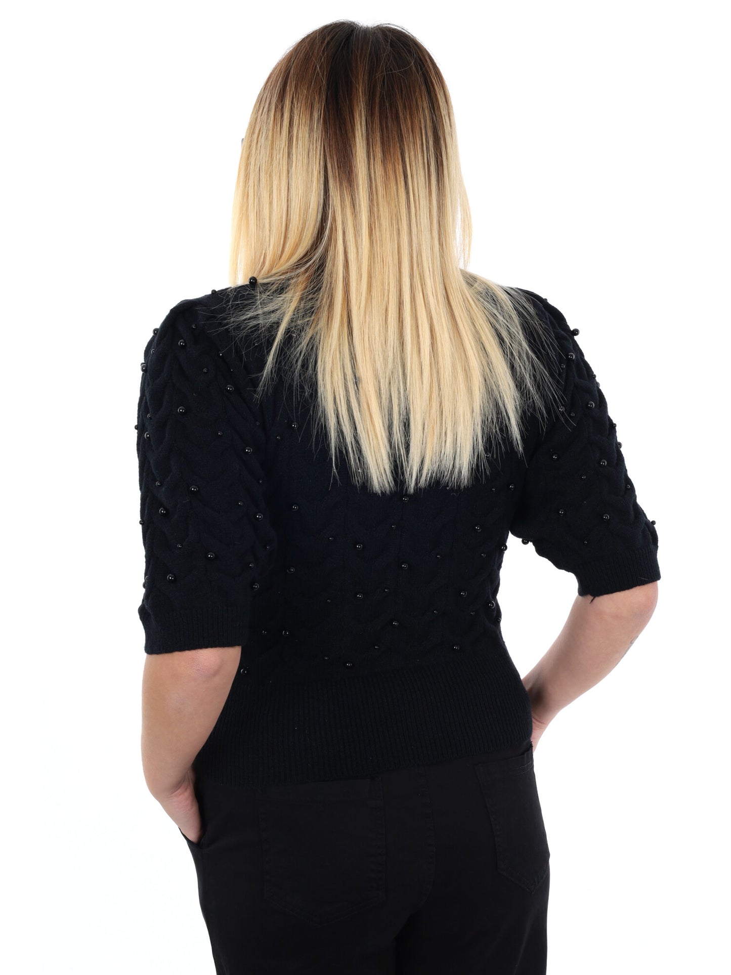 MAGLIA A MANICHE CORTE CON PERLE MISS LOVE DA DONNA NERO