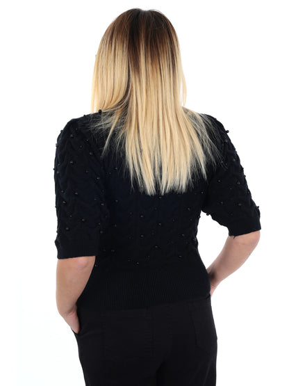MAGLIA A MANICHE CORTE CON PERLE MISS LOVE DA DONNA NERO