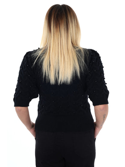 MAGLIA A MANICHE CORTE CON PERLE MISS LOVE DA DONNA NERO