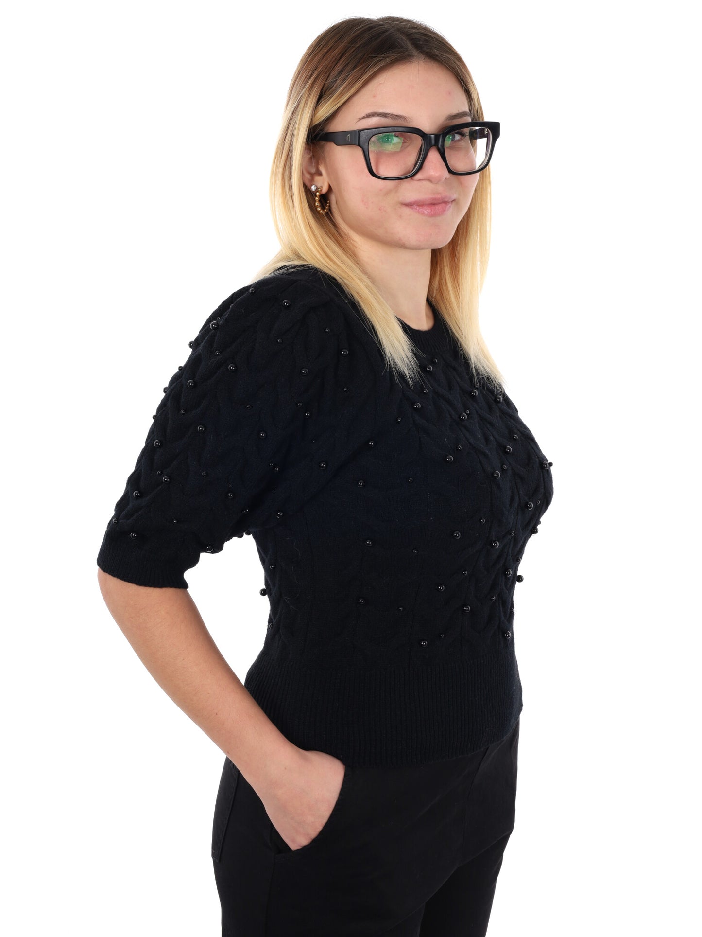 MAGLIA A MANICHE CORTE CON PERLE MISS LOVE DA DONNA NERO