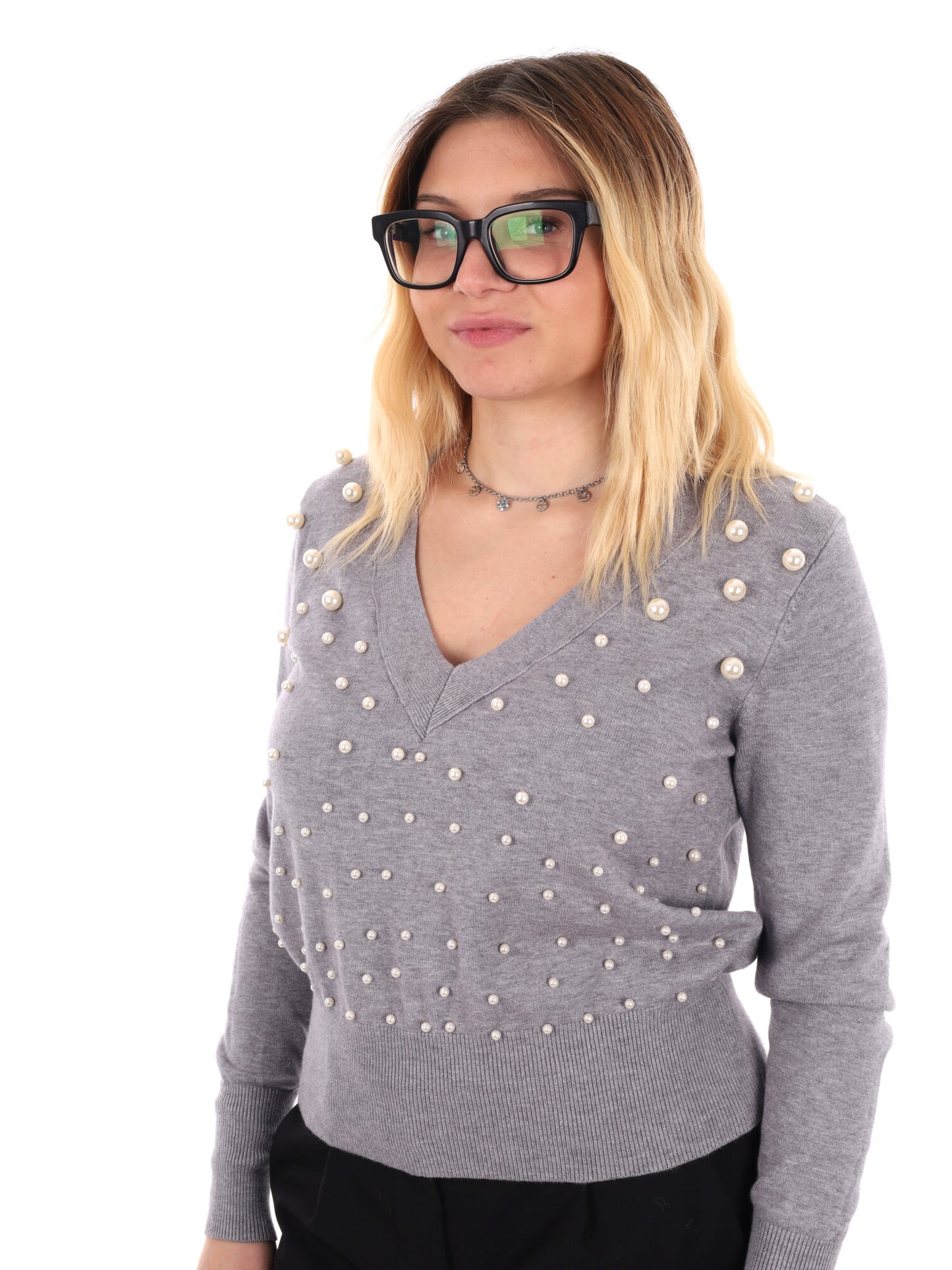 MAGLIA SCOLLO A V E PERLE MISS LOVE DA DONNA GRIGIO