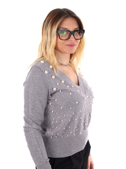 MAGLIA SCOLLO A V E PERLE MISS LOVE DA DONNA GRIGIO