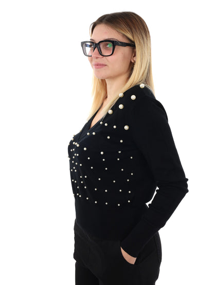 MAGLIA SCOLLO A V E PERLE MISS LOVE DA DONNA NERO