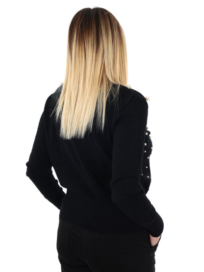 MAGLIA SCOLLO A V E PERLE MISS LOVE DA DONNA NERO